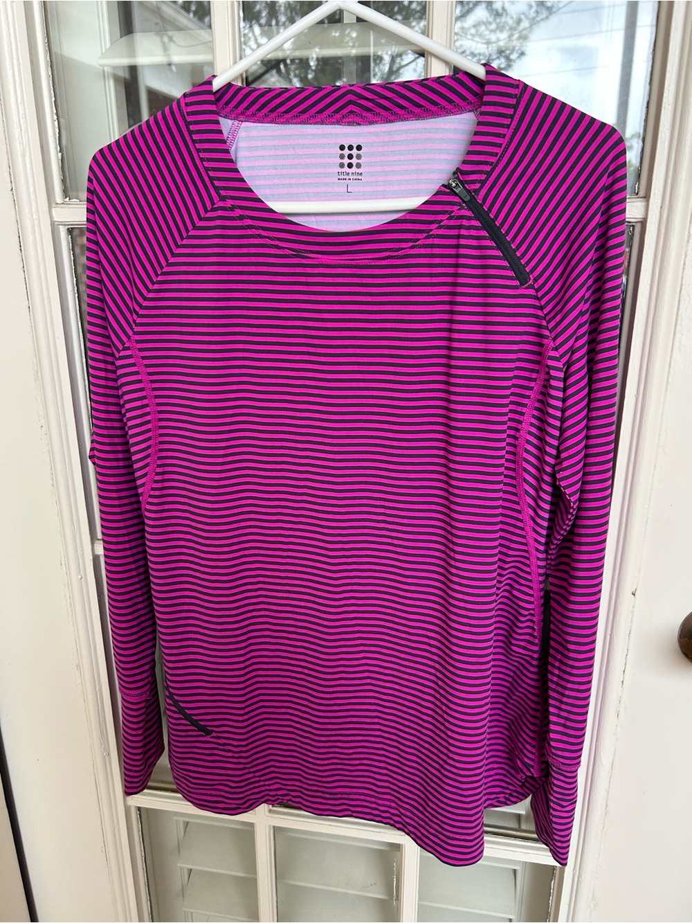 Title Nine Magenta and Black Striped Long-Sleeve Crew
